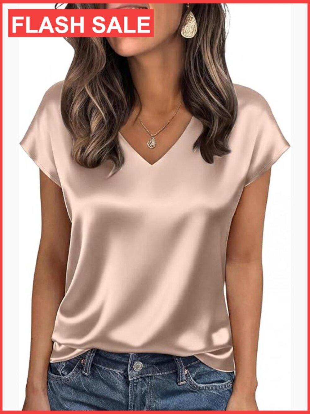 Satin V-Neck Cap Sleeve Blouse Loose Fit Business Casual Top